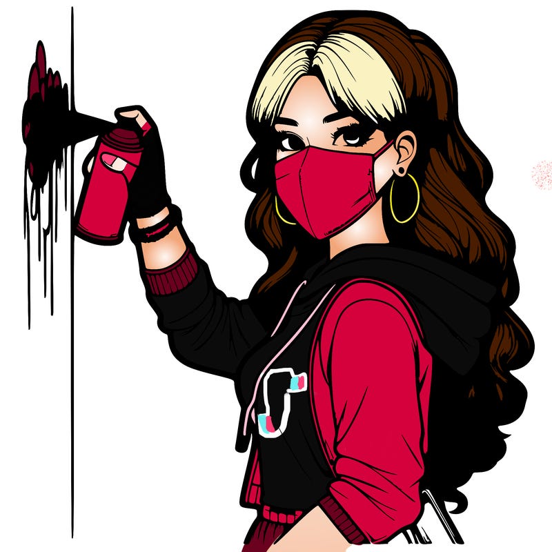 realistic girl with mask spray painting a wall