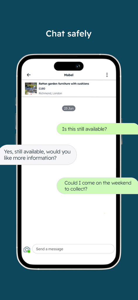 Gumtree – Buy & Sell - Captura de pantalla de la aplicación Gumtree mostrando mensajería segura dentro de la aplicación entre un comprador y un vendedor