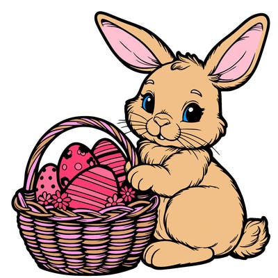 easter bunny with a basket with eggs realistic