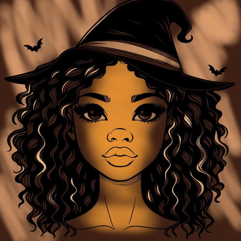 realistic black girl with wavy hair and witch hat and nose and lips