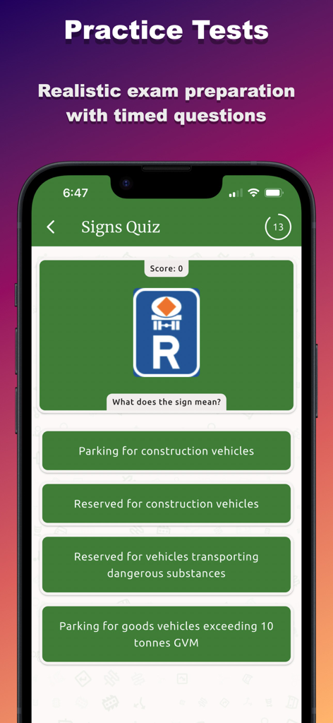 Zambia Highway Code - A practice quiz screen in the Zambia Highway Code app displaying a road sign question with multiple choice answers