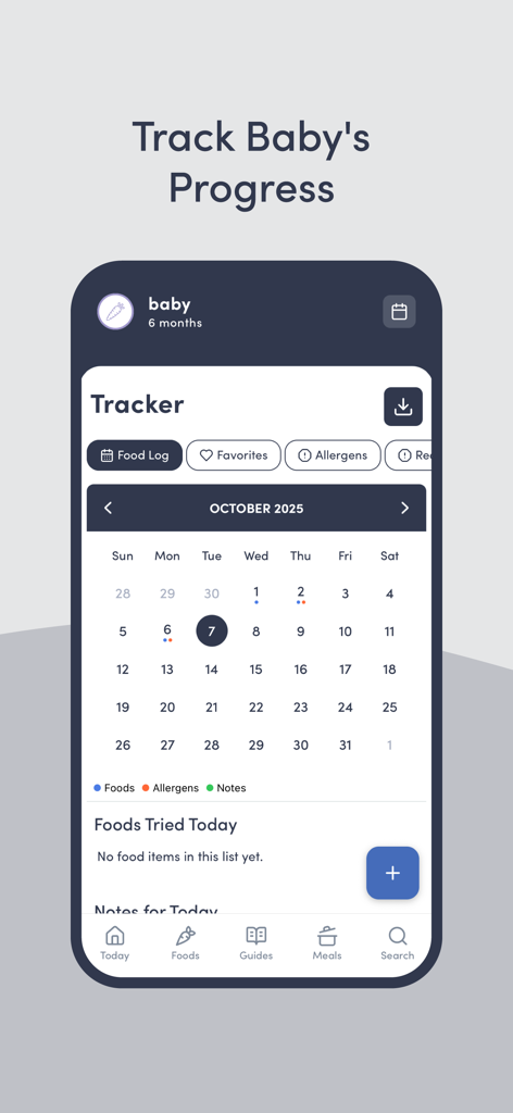 Capture d'écran de l'application Solid Starts montrant un calendrier mensuel de journal alimentaire pour suivre les progrès et les allergies du bébé.