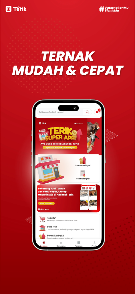 Terik - Terik super app home screen on a mobile phone showing digital farming and livestock trading services.