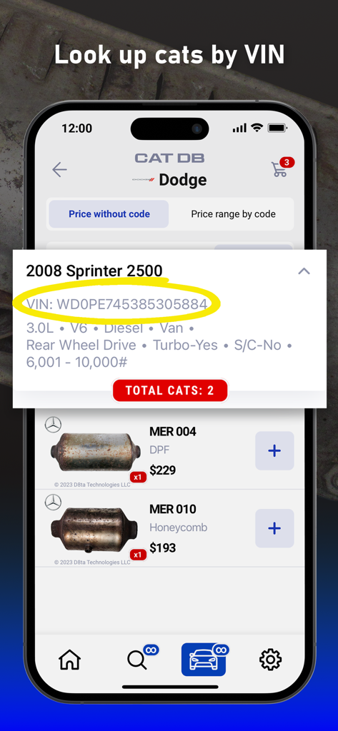 Cat DB app interface displaying catalytic converter prices and specifications for a vehicle searched by VIN