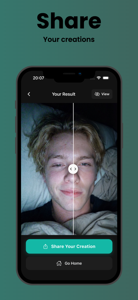Photo Enchancer: Ai Glow Up - Interface showing a split screen before and after photo comparison of a male portrait with sharing options