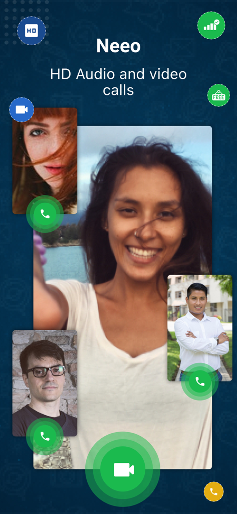 Neeo Messenger with Translator - A screenshot of the Neeo Messenger app interface showcasing its HD audio and video calling feature with multiple user profiles displayed in a collage.