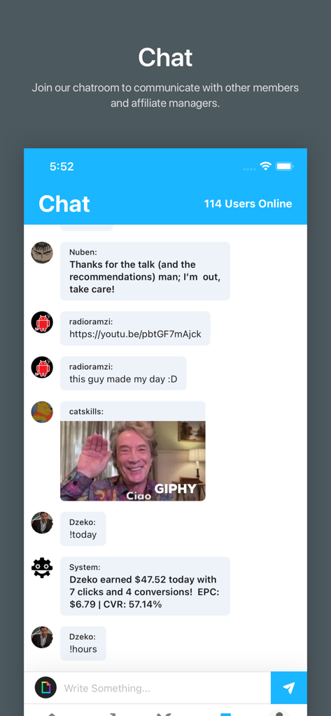 OGAds Earnings - The chat screen of the OGAds Earnings app where users discuss affiliate marketing and view real time performance data