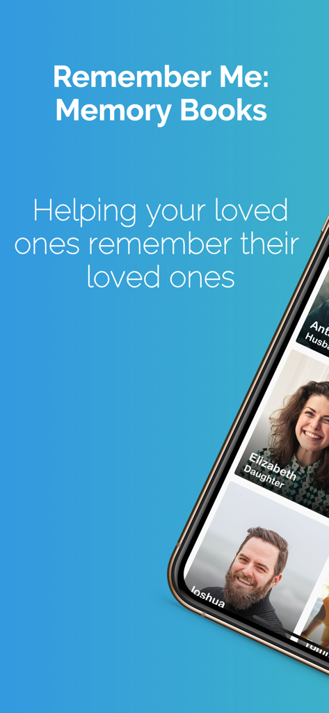 Remember Me: Memory Books - Pantalla de la aplicación Remember Me mostrando fotos familiares con etiquetas de nombre y relación para ayudar a las personas mayores a recordar.