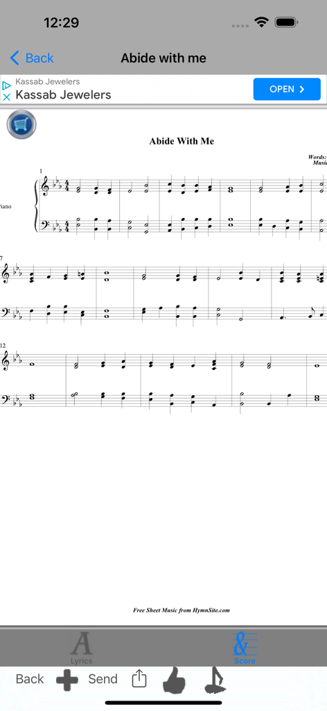 Worship Scores Lyrics & Tunes - Hymn sheet music for Abide with me displayed in the Worship Scores app