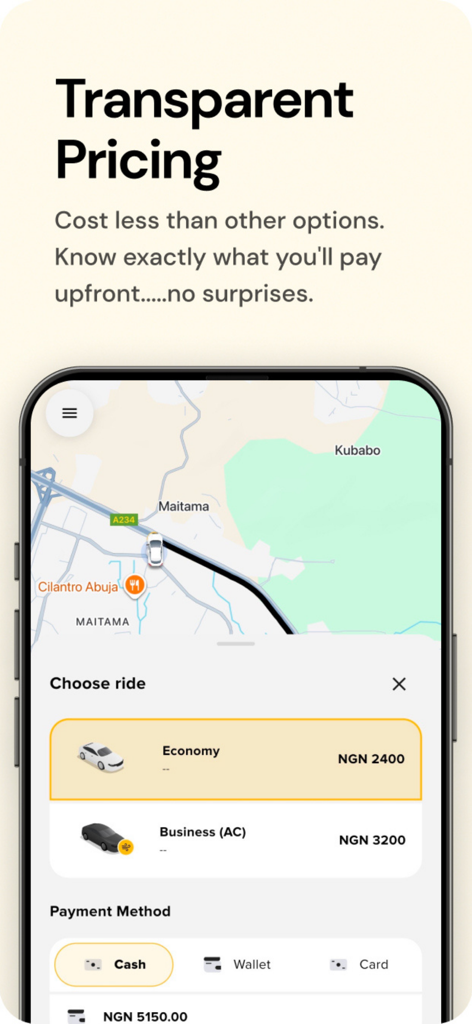 Pantalla de la aplicación Along que muestra precios de viajes por adelantado y opciones de vehículos en Nigeria