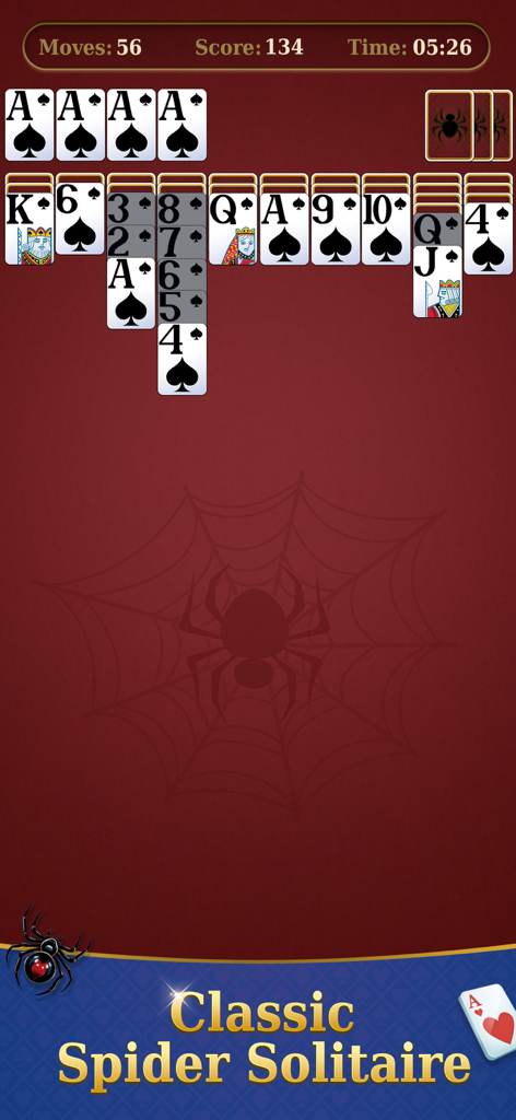 Spider Solitaire-Puzzle trip - Interfaz del clásico juego de cartas Spider Solitaire con un fondo de telaraña roja oscura