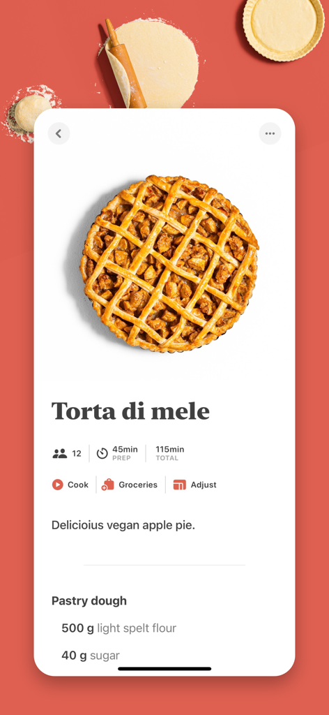 Mela - Recipe Manager - The Mela app interface displaying a vegan apple pie recipe with ingredients and preparation time