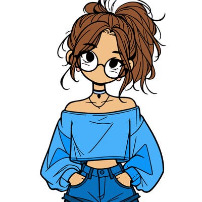 girl with a messy ponytail glasses a baggy crop top and jean shorts