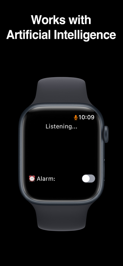 Apple Watch interface showing the snore alarm app in listening mode using AI.