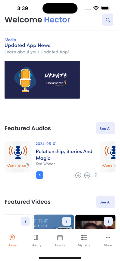 Dashboard inicial do aplicativo iCommerce Connect mostrando áudios de treinamento em destaque e notícias para membros do negócio eFinity