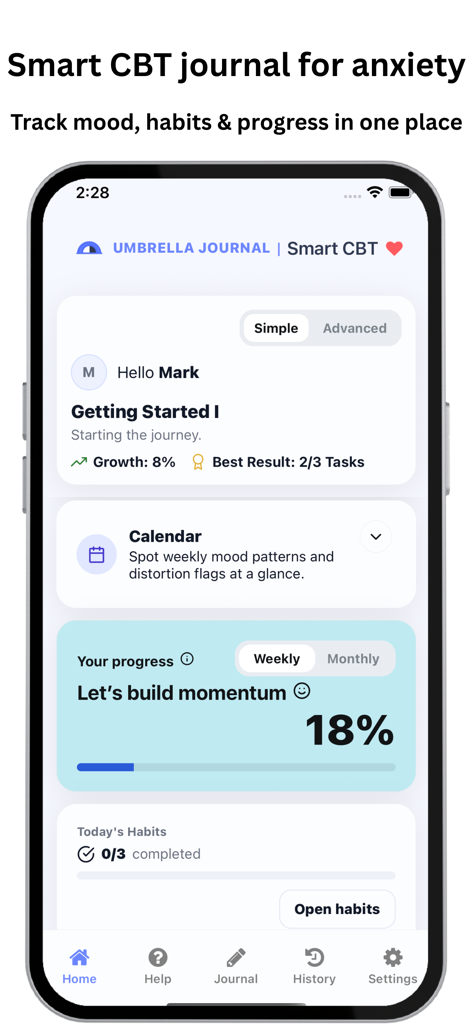 Umbrella Journal : Smart CBT - 習慣追跡とメンタルヘルスの進捗状況を表示するUmbrella Journalアプリのホーム画面