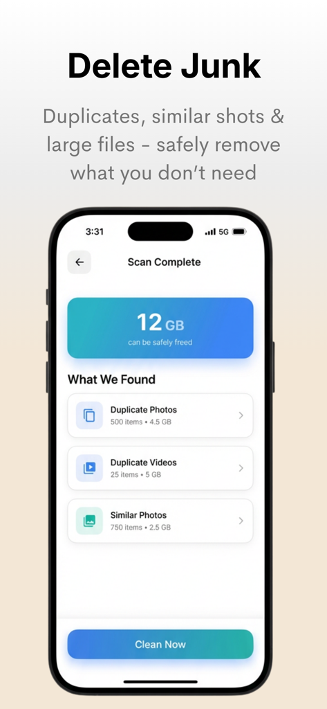 ClearSpace: Storage Cleaner - ClearSpace app scan results showing 12GB of storage to be freed by deleting duplicate and similar photos on an iPhone