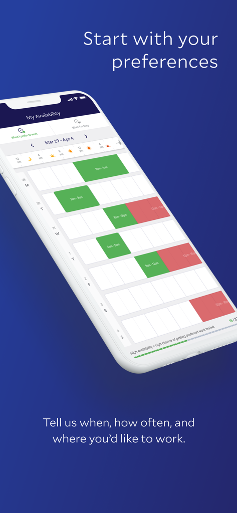 Legion Workforce Engagement app screen showing worker availability and scheduling preferences
