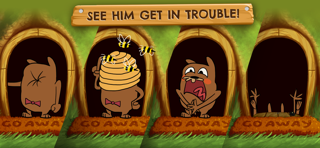 Do Not Disturb! Prank Games - Slapstick comic sequence of Mr. Grumpy McGrump being pranked with a beehive