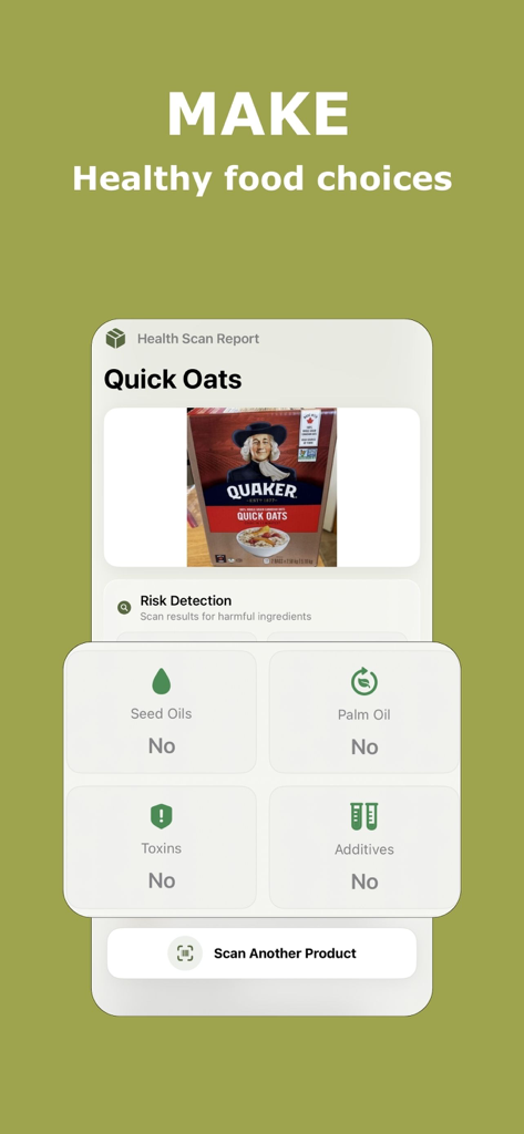 Olive Food Scanner mobile app showing a health scan report for oatmeal with no seed oils or toxins detected toxins.