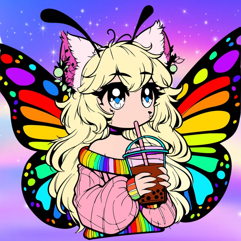 a realistic butterfly/furry girl drinking boba