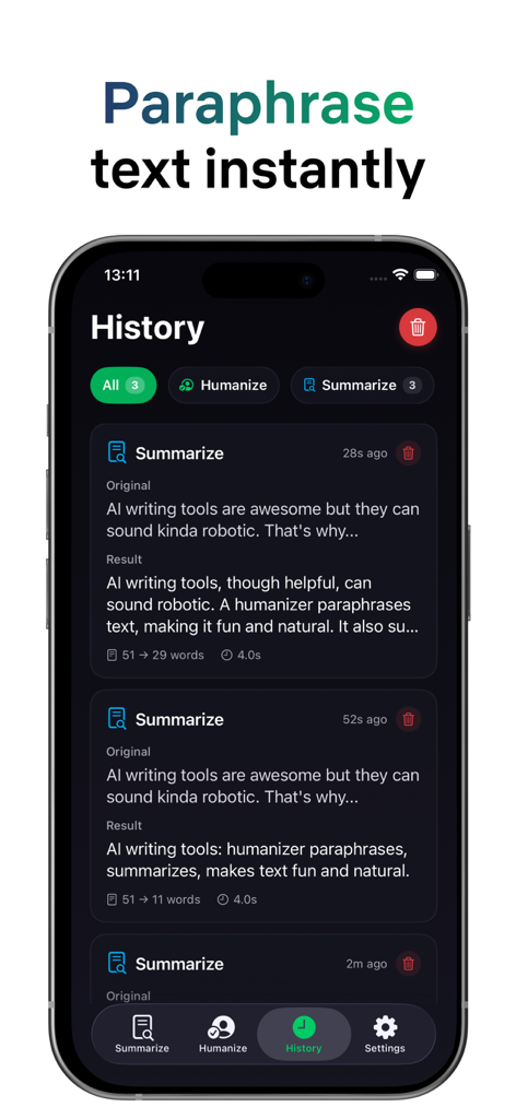 Humanize AIアプリ内で要約およびパラフレーズされたテキストの履歴を示すモバイルインターフェース。