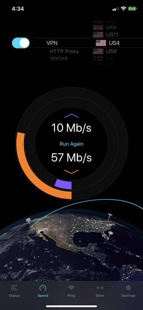 NetShade - NetShade app speed test screen showing download and upload speeds with a globe visualization
