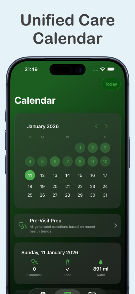 PetLog: AI Health Tracker - A screenshot of the PetLog app displaying the unified care calendar with pet health logs for symptoms food and water