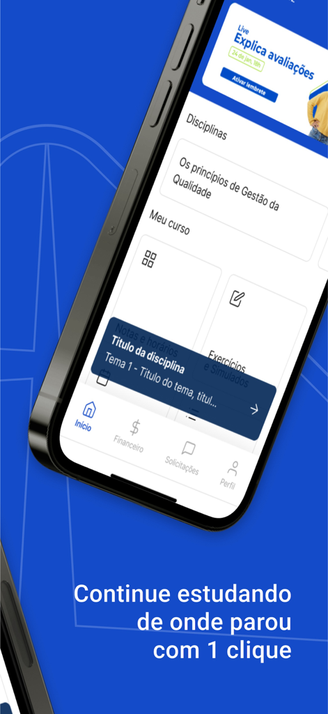 Home screen of the Minha Estacio student portal app displaying course modules and navigation menu