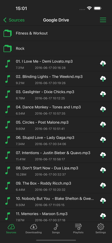 Interface de Cloud Music Player affichant une liste de chansons de Google Drive pour une écoute hors ligne