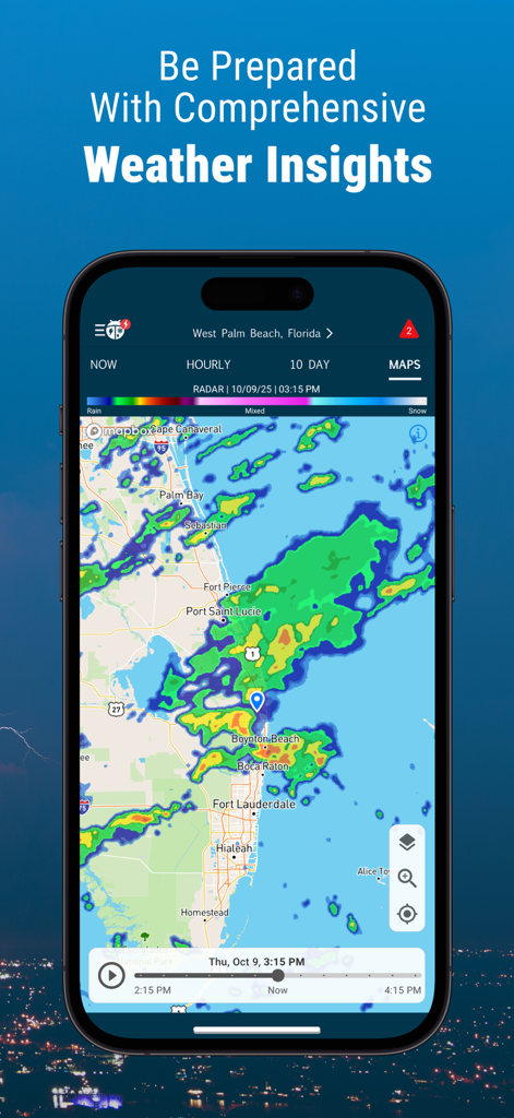 WeatherBug app showing an interactive weather radar map for West Palm Beach Florida