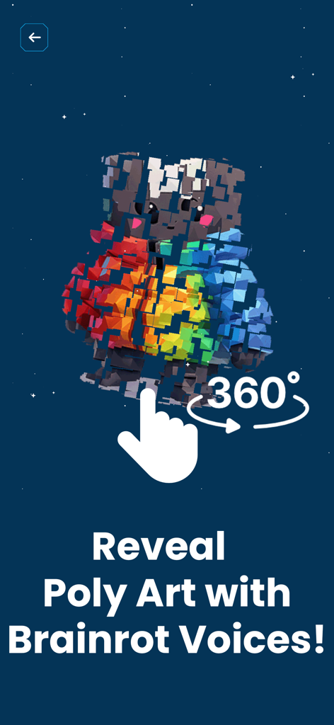 Brainrot Poly333: Retro Puzzle - Rotating a colorful 3D polygon character 360 degrees to reveal poly art.