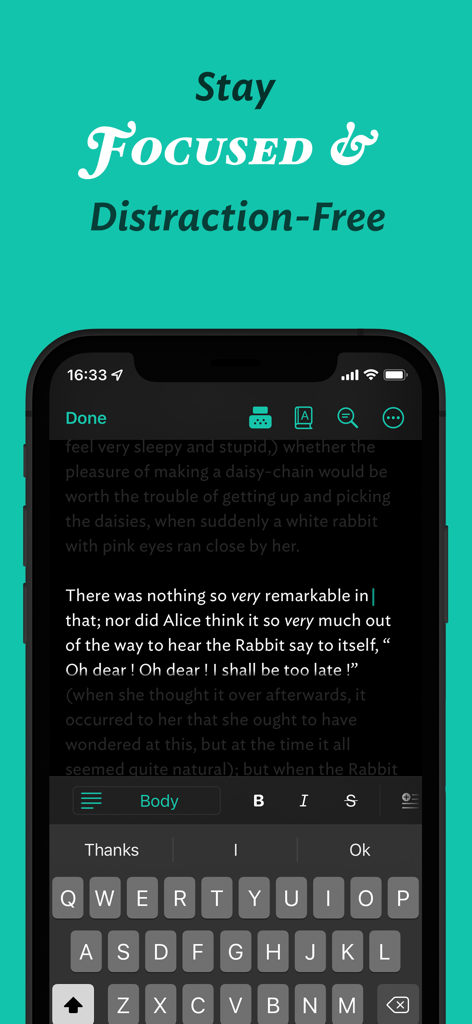 JotterPad - Novel, Screenplay - JotterPad 모바일 앱에서 다크 모드로 방해 없는 글쓰기 인터페이스를 표시하는 중