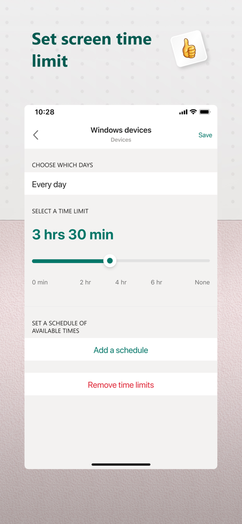 Microsoft Family Safety - Microsoft Family Safetyアプリで、Windowsデバイスの1日のスクリーンタイム制限を設定しています。