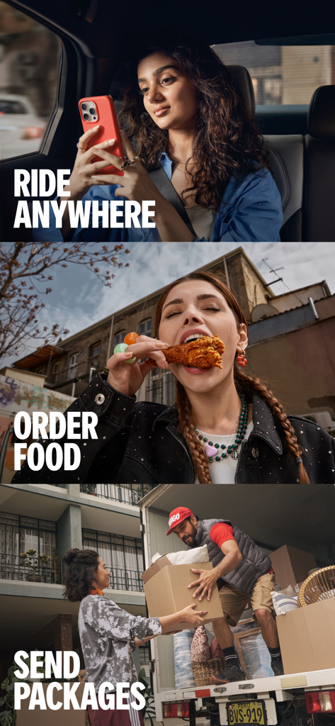 A collage showing Yango app features for ride hailing food delivery and package shipping services