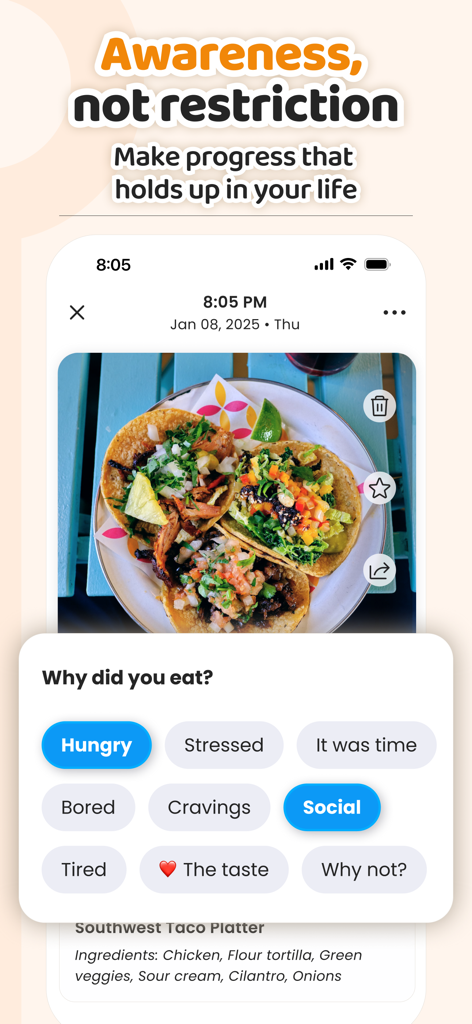 AteMate app screen showing a photo of tacos and a prompt asking why the user ate to encourage mindful eating awareness.