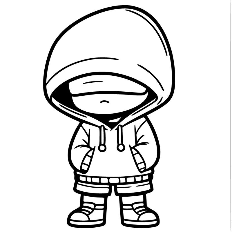 a boy wearing a hoodie that covers his eyes and shorts