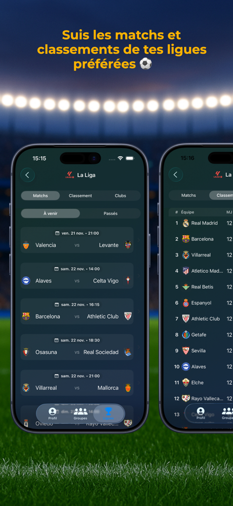 Zwei mobile Bildschirme, die Fußballspielpläne und Ligenranglisten für La Liga anzeigen.