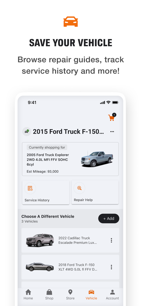 AutoZone app interface showing saved vehicles with options for service history and repair help.
