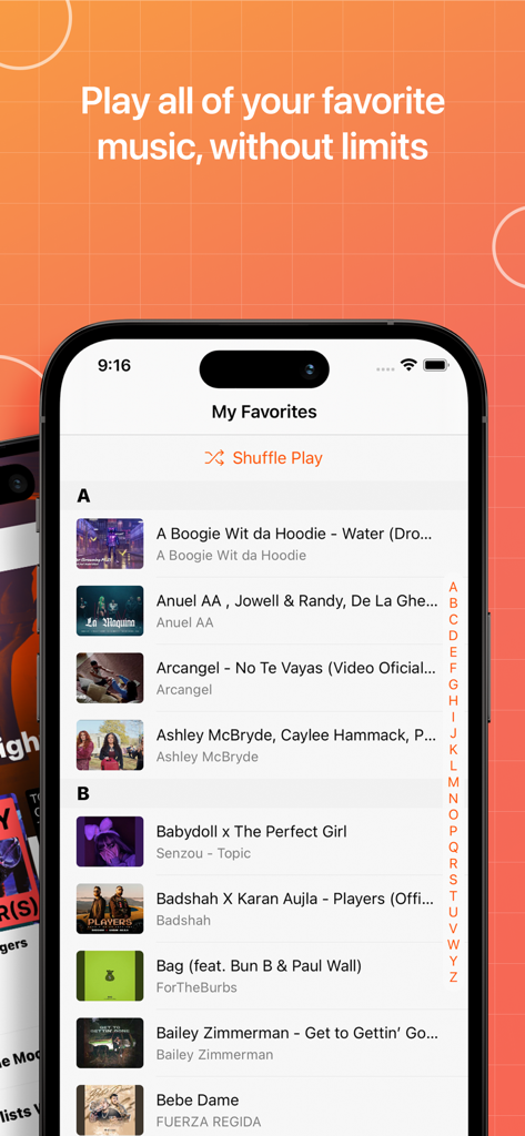 iPhone screenshot of the Musi app displaying a list of favorite songs under the My Favorites section