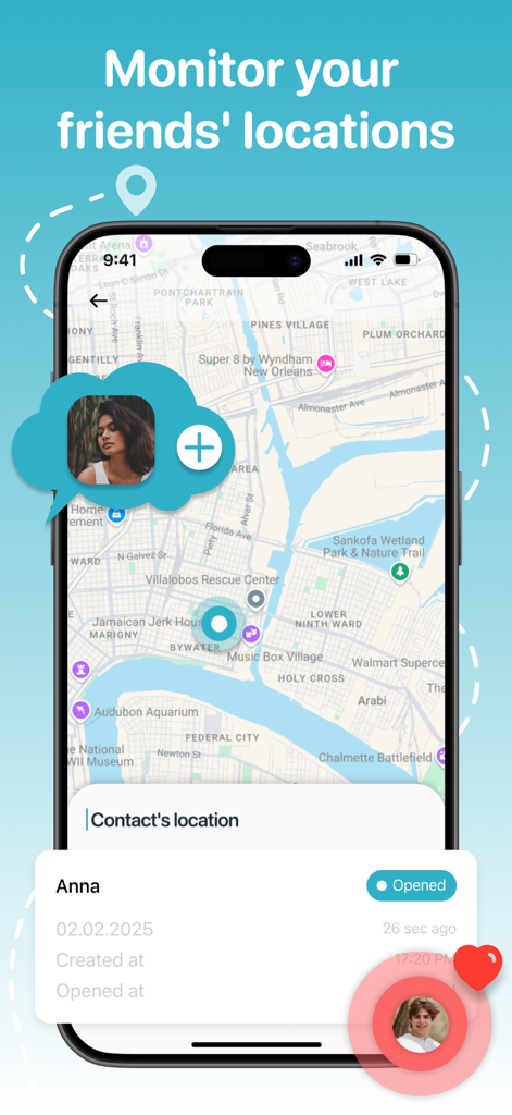 Mobile Benutzeroberfläche, die eine Karte mit dem Standort eines Kontakts und eine Profilblase zur Überwachung zeigt.