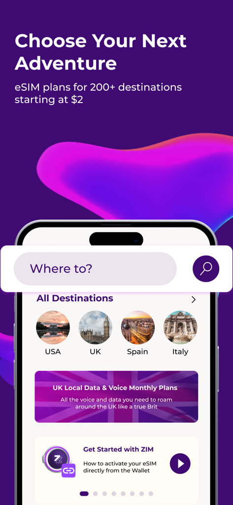 ZIM app interface showing eSIM travel plans for destinations like USA UK Spain and Italy starting at 2 dollars