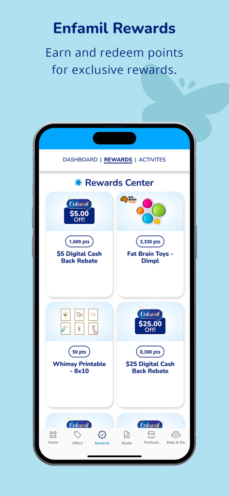 Enfamil: Baby Rewards Tracker® - Centro premi dell'app Enfamil che mostra le opzioni di riscatto dei punti per cashback e giocattoli per bambini.