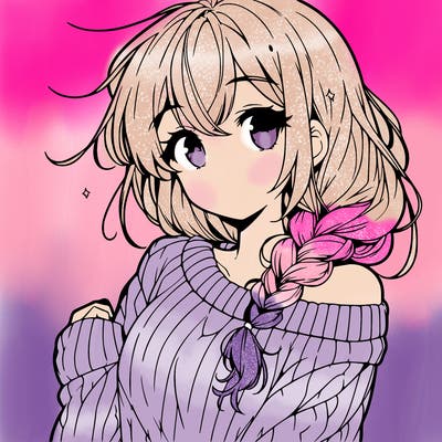 anime cute girl with hair in loose side braid and a sweater off on one shoulder