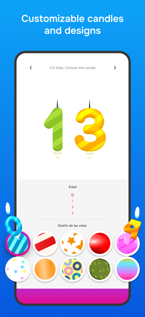 Interface of the birthday candle app showing options to customize the age and patterns of virtual candles.