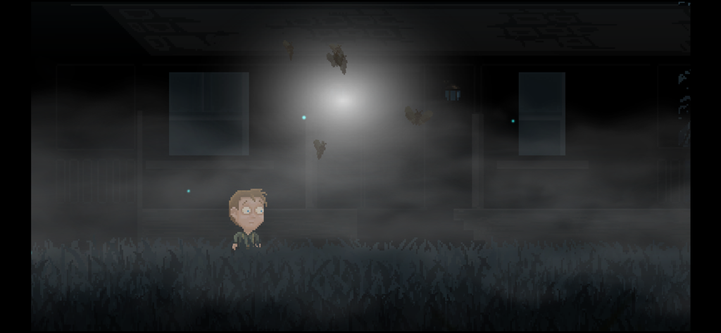 Moth Lake - Um personagem em pixel art em pé em um campo escuro e enevoado, de frente para uma luz misteriosa e brilhante em Moth Lake