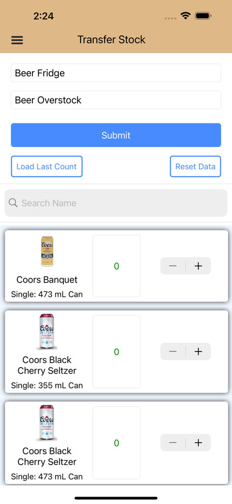 Barventory app screen for transferring stock between locations like Beer Fridge and Beer Overstock with itemized beverage list