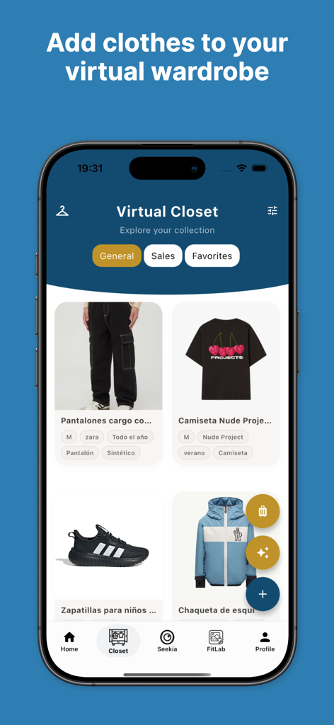 Seekia의 모바일 앱 인터페이스에 정리된 의류와 스니커즈가 있는 가상 옷장이 표시됩니다.