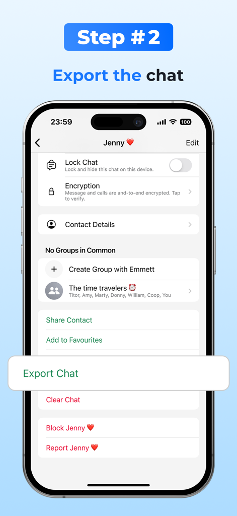 Chat Backup Restore - Step-by-step instruction showing how to export a WhatsApp chat for backup.