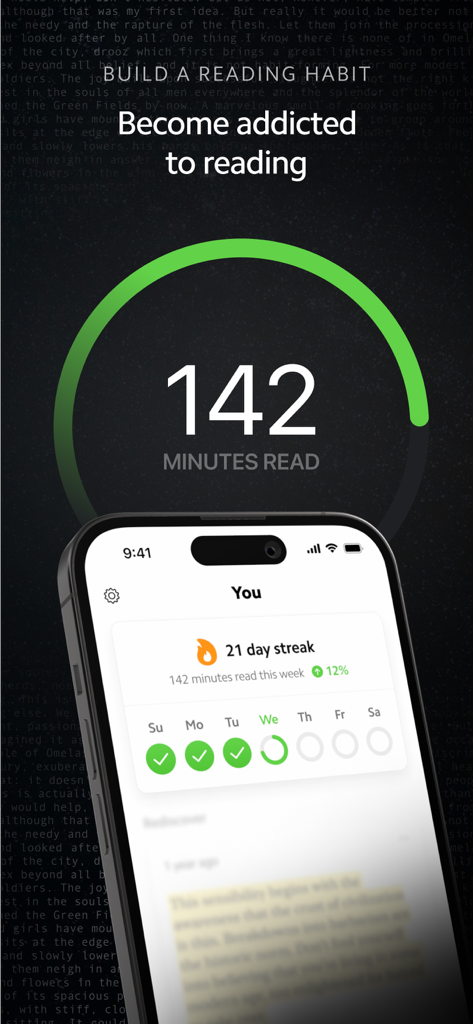 Matter: Reading App - Screenshot of Matter app showing reading statistics and a twenty one day streak tracker
